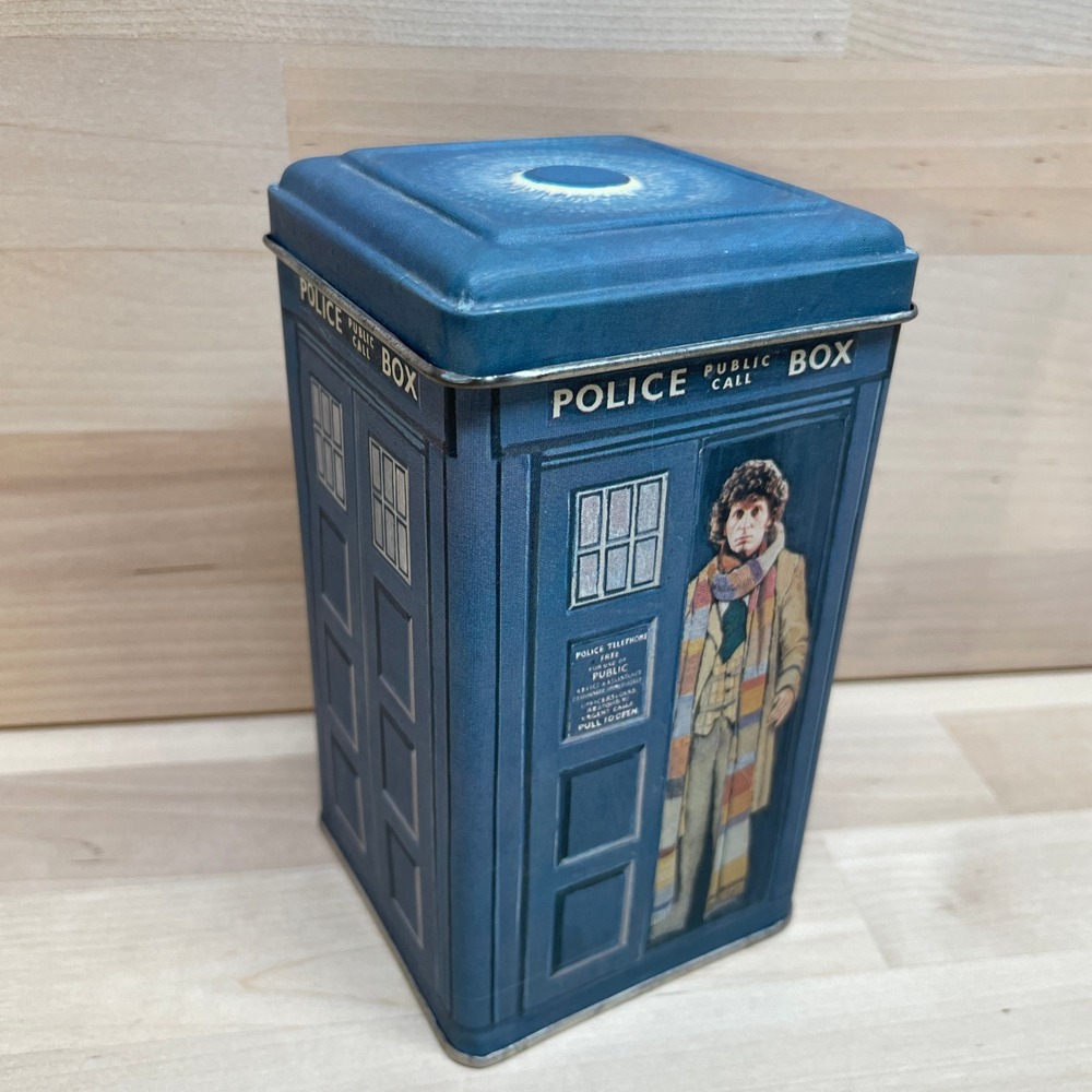 Vintage 1980 Doctor Who TARDIS Tin Money Box Bank Tom Baker 4th Doctor 5.5"
